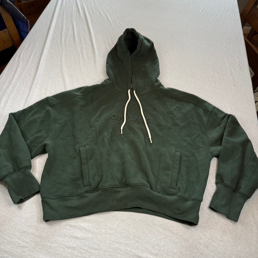Offline by Aerie Green Cropped Hoodie Embossed Logo Sweatshirt Womens Size L